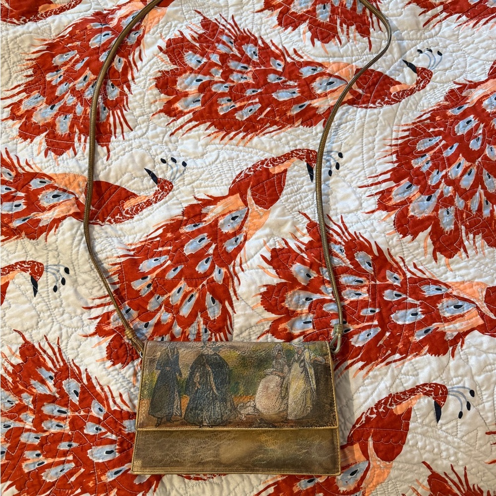 Vintage Jane Yoo hand-painted leather crossbody wearable art bag